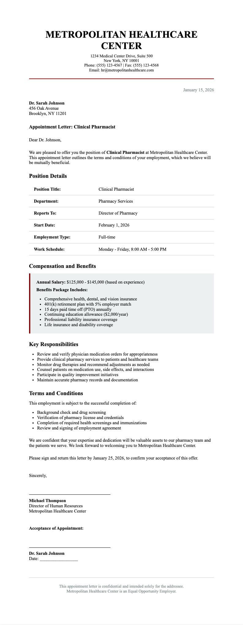 Government official pharmacist appointment letter